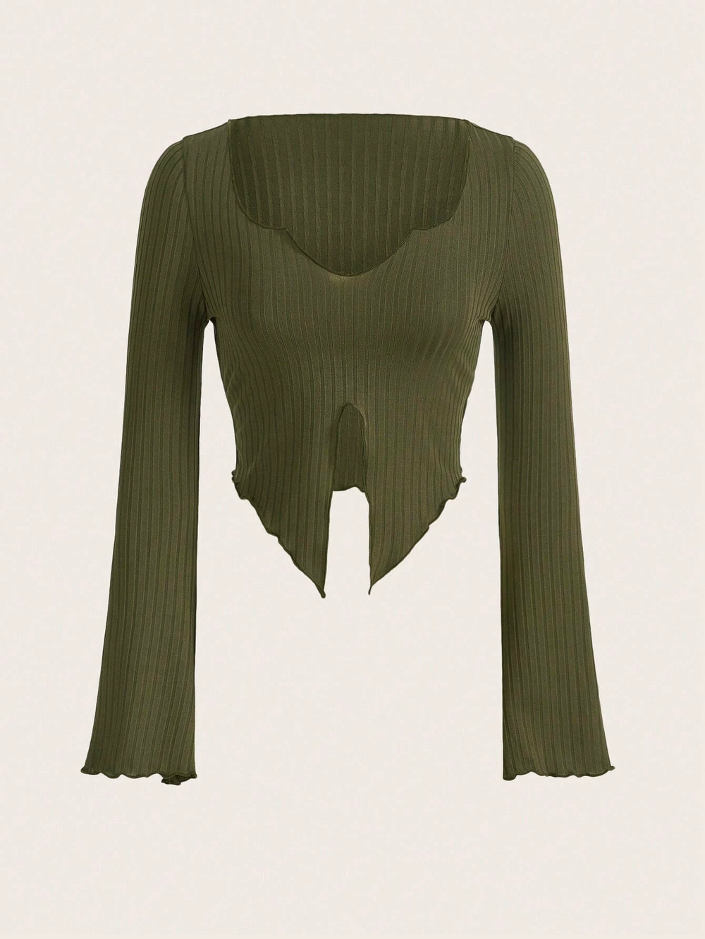 ZARA Trendy Asymmetrical Slit Long Sleeve Ribbed Knit Top Chic Spring Autumn